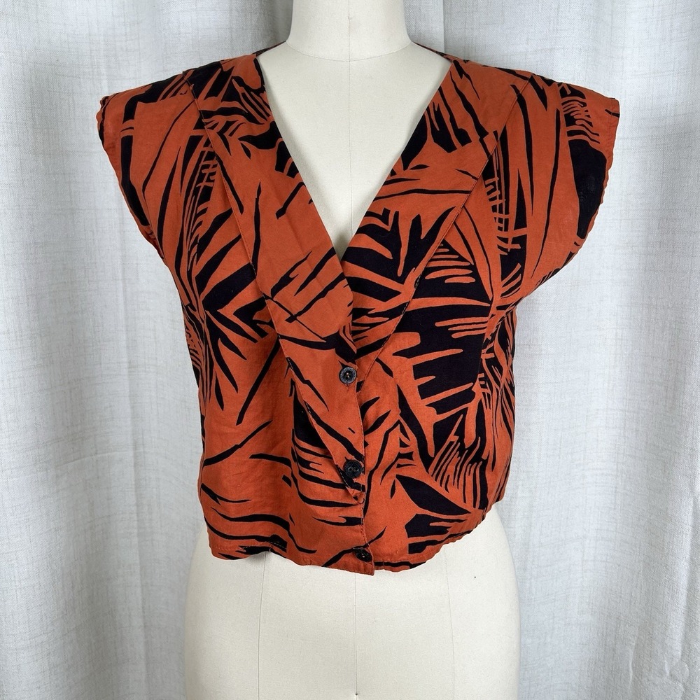 Vintage 80's Cropped Button Front Blouse Burnt Orange Tropical Palm Leaf Large